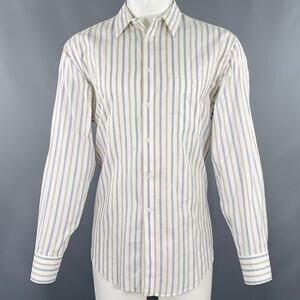 GIORGIO ARMANI Size M Off White Blue Tan Stripe One Pocket Long Sleeve Shirt